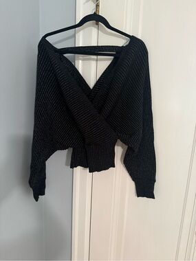 Anthropologie Black Metallic Off-the-Shoulder Wrap Sweater